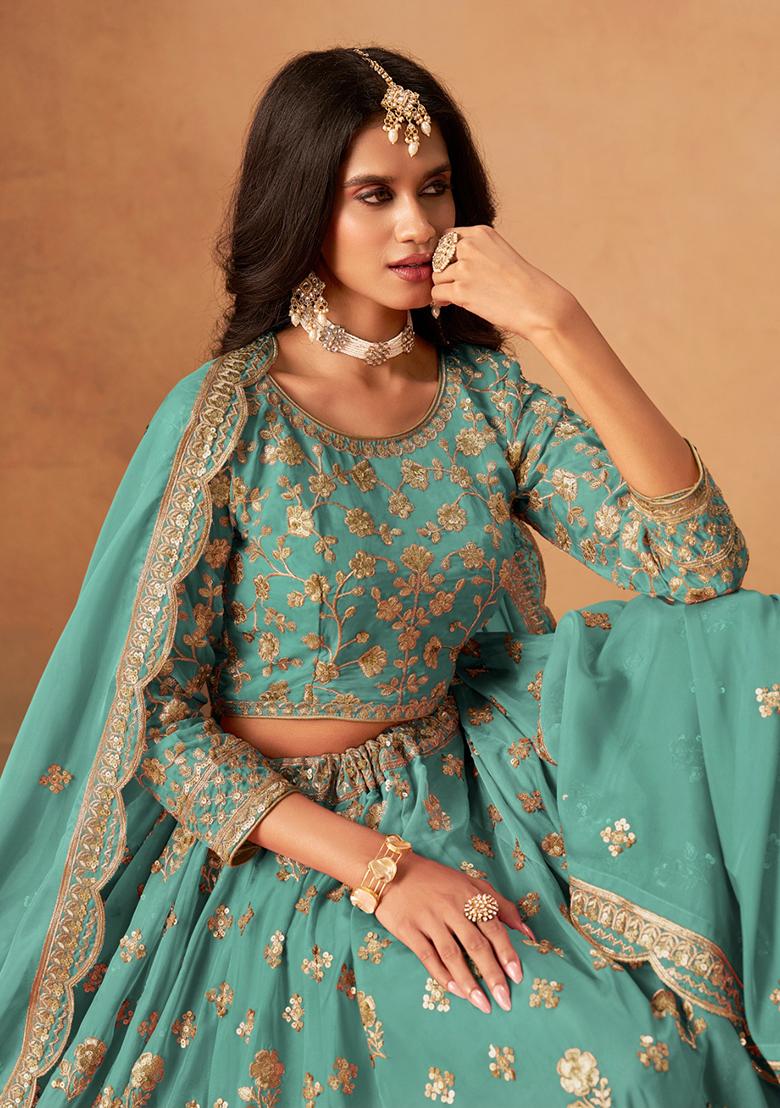 Sea Green Embroidered Organza Lehenga Set - Indya