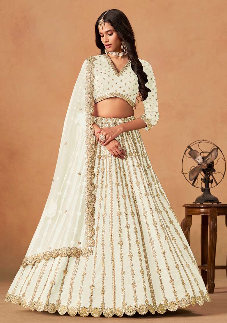 White Embroidered Silk Blend Lehenga Set for Diwali and Festive Wear - Indya