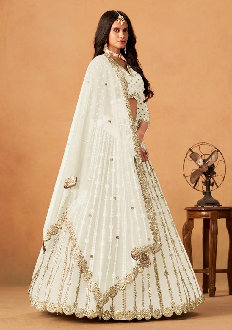 White Embroidered Silk Lehenga Set - Indya