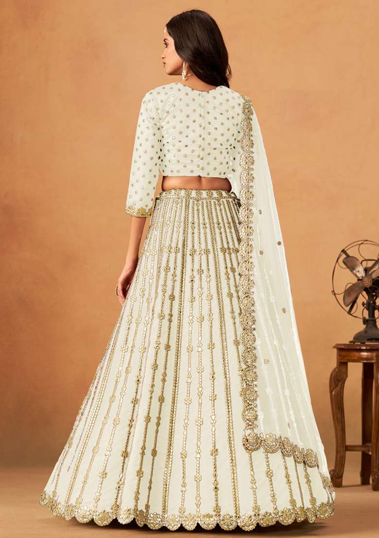 White Embroidered Silk Blend Lehenga Set for Diwali and Festive Wear - Indya