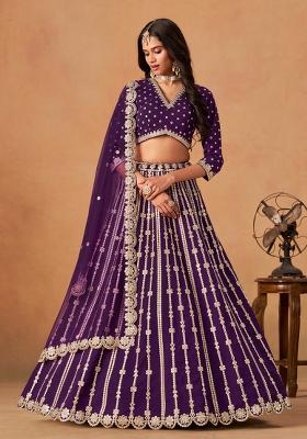 Violet Embroidered Silk Lehenga Set