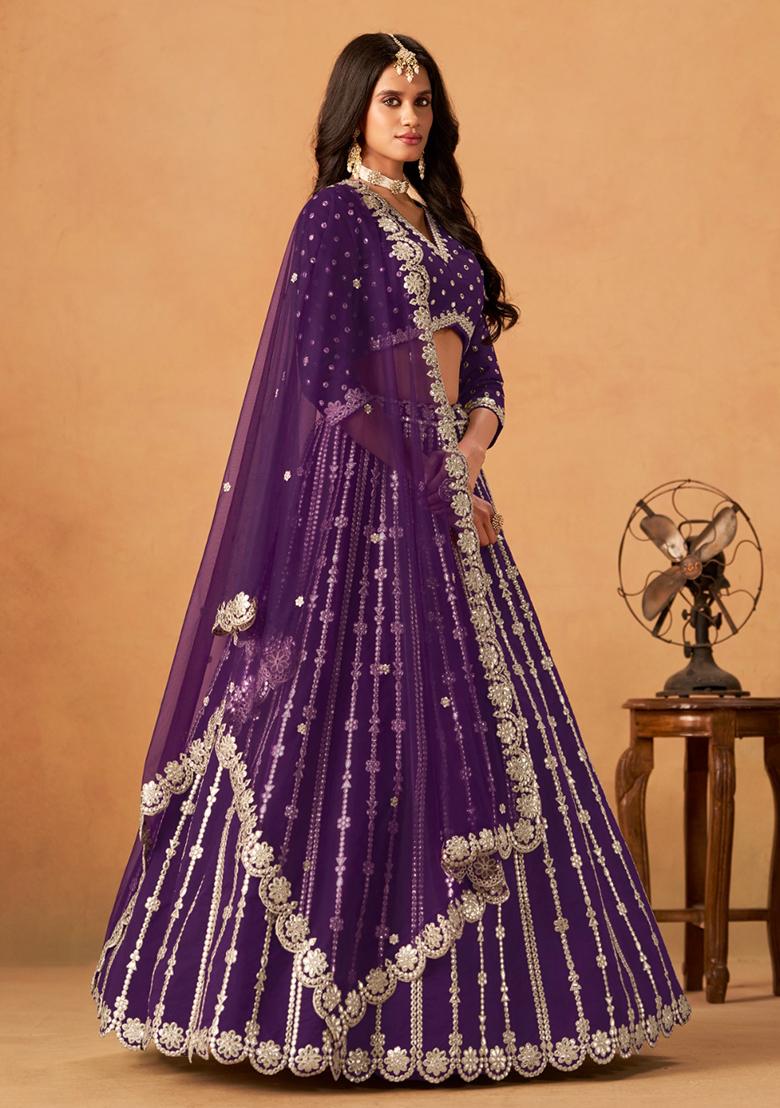Violet Embroidered Silk Lehenga Set - Indya