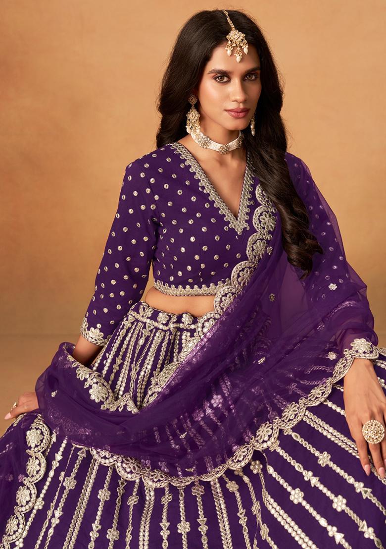 Violet Embroidered Silk Lehenga Set - Indya