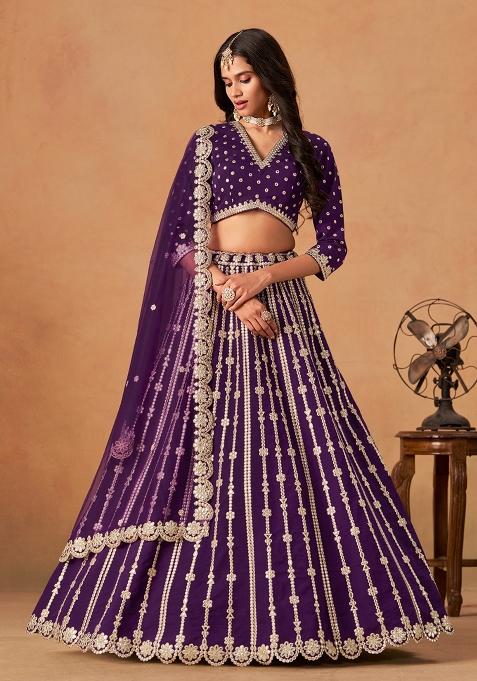 Violet Embroidered Silk Lehenga Set