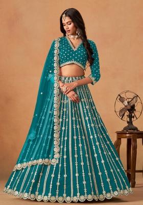 Teal Green Embroidered Silk Lehenga Set