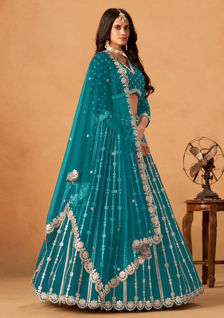 Teal Green Embroidered Silk Lehenga Set - Indya