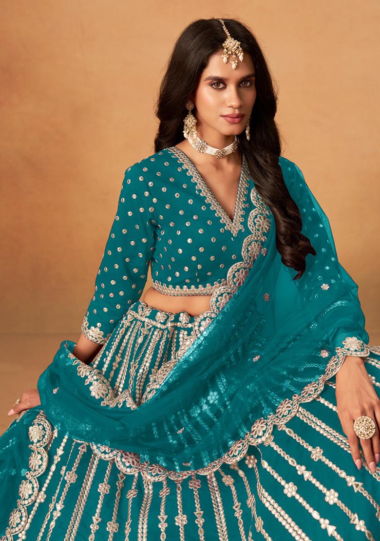 Teal Green Embroidered Silk Lehenga Set - Indya