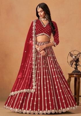 Blood Red Embroidered Silk Lehenga Set