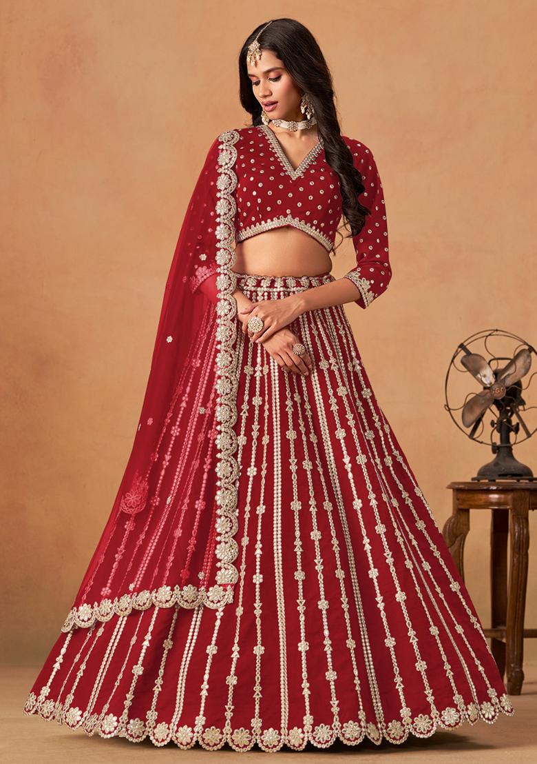 Blood Red Embroidered Silk Lehenga Set