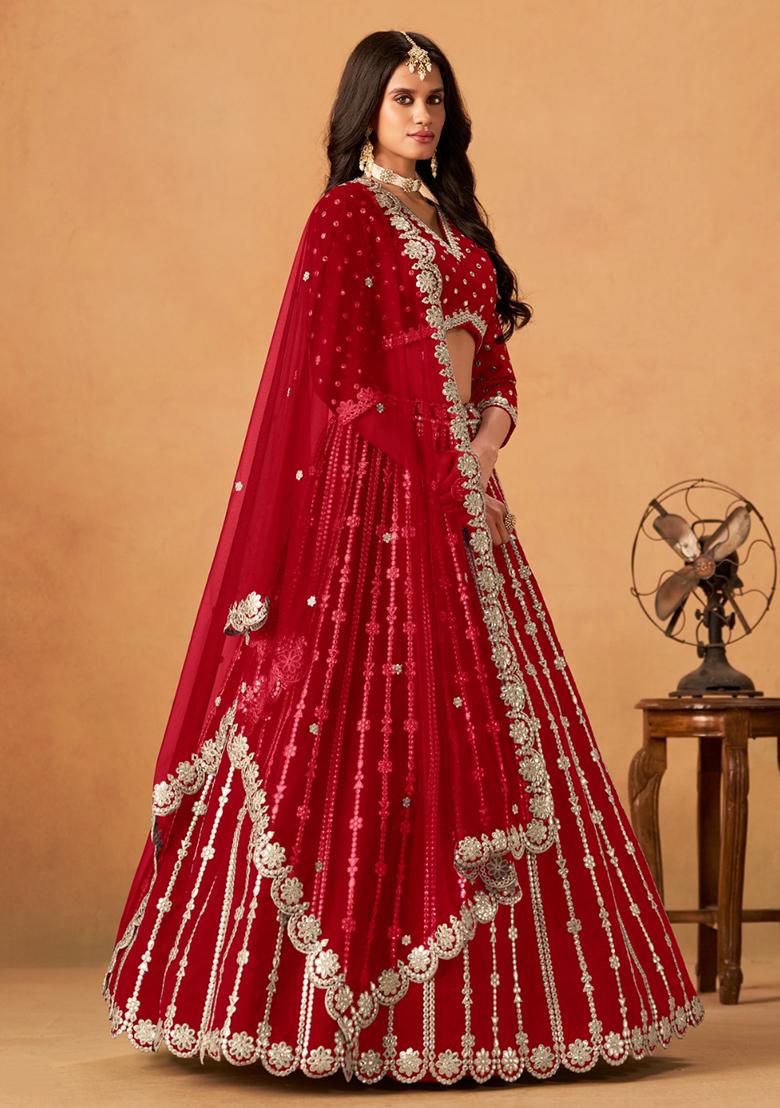 Blood Red Embroidered Silk Lehenga Set - Indya