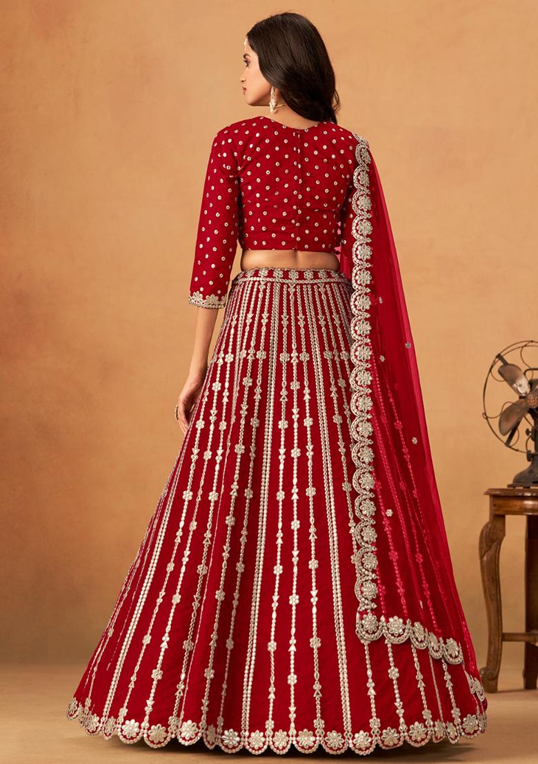 Blood Red Embroidered Silk Lehenga Set