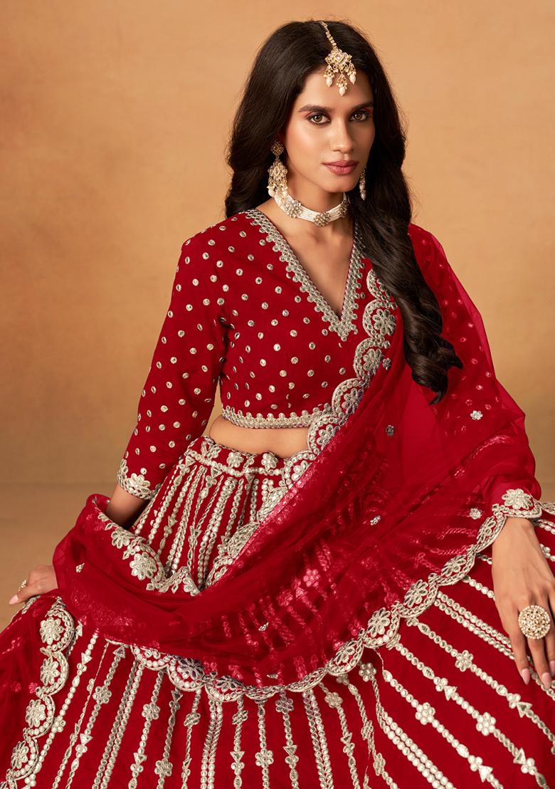 Blood Red Embroidered Silk Lehenga Set - Indya