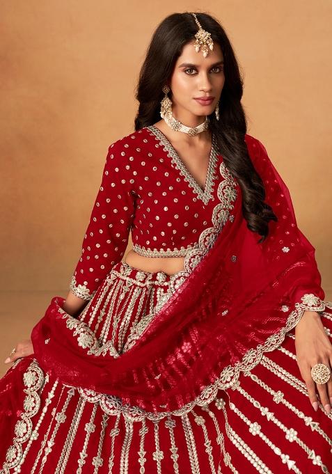 Blood Red Embroidered Silk Lehenga Set