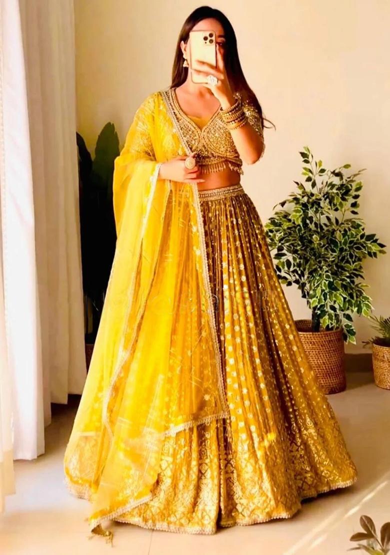Yellow Embroidered Georgette Lehenga Choli Set
