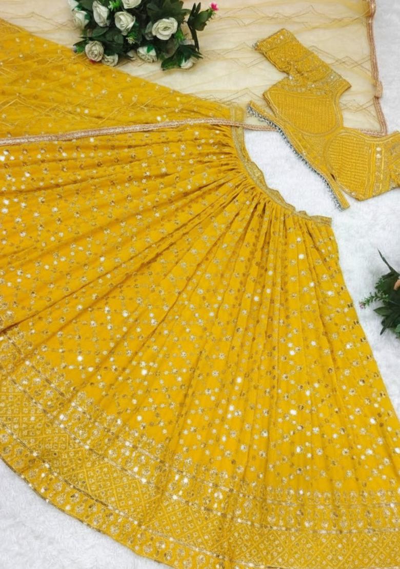 Yellow Embroidered Georgette Lehenga Choli Set