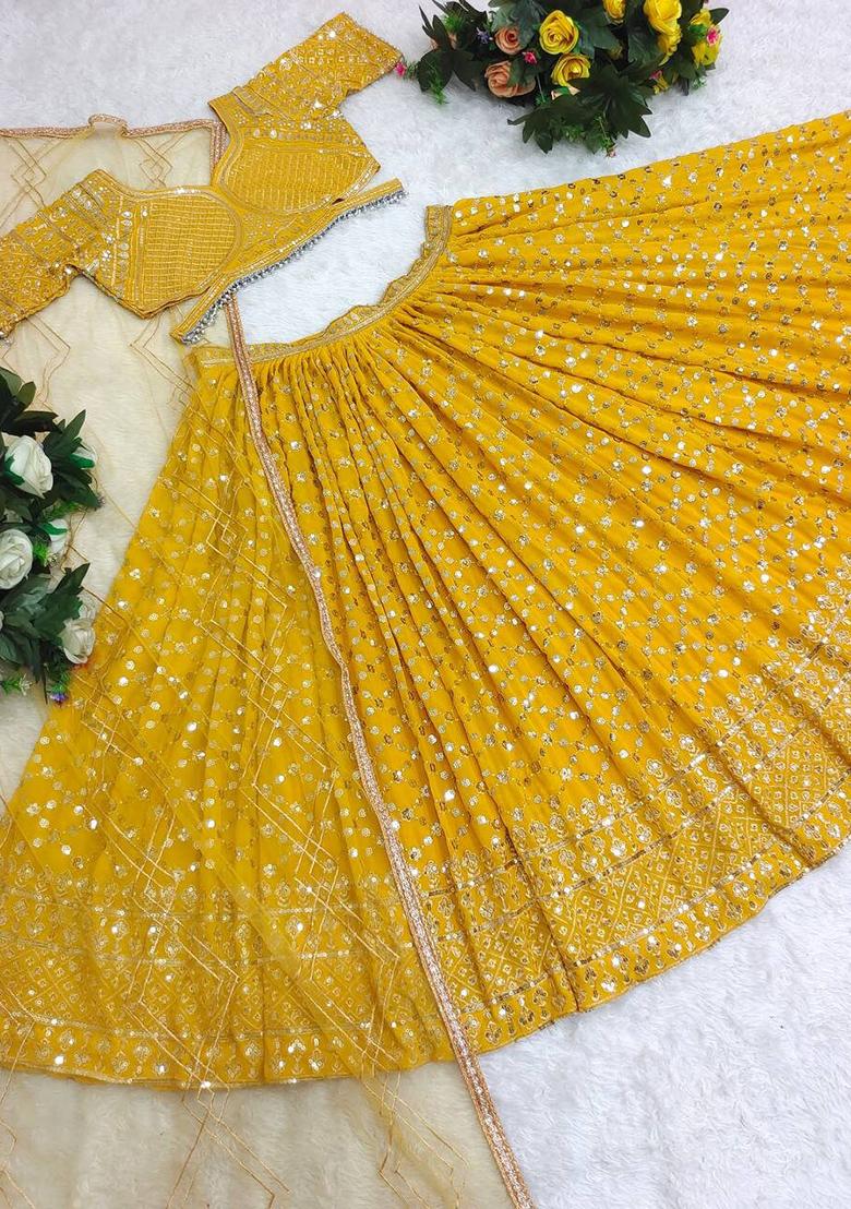 Yellow Embroidered Georgette Lehenga Choli Set