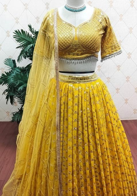 Yellow Embroidered Georgette Lehenga Choli Set
