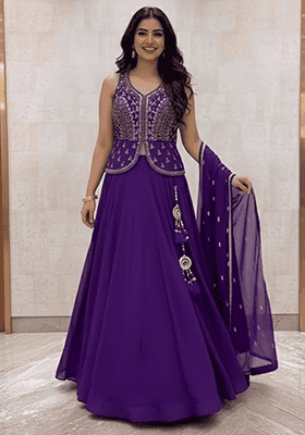 Purple Embroidered Georgette Lehenga Choli Set