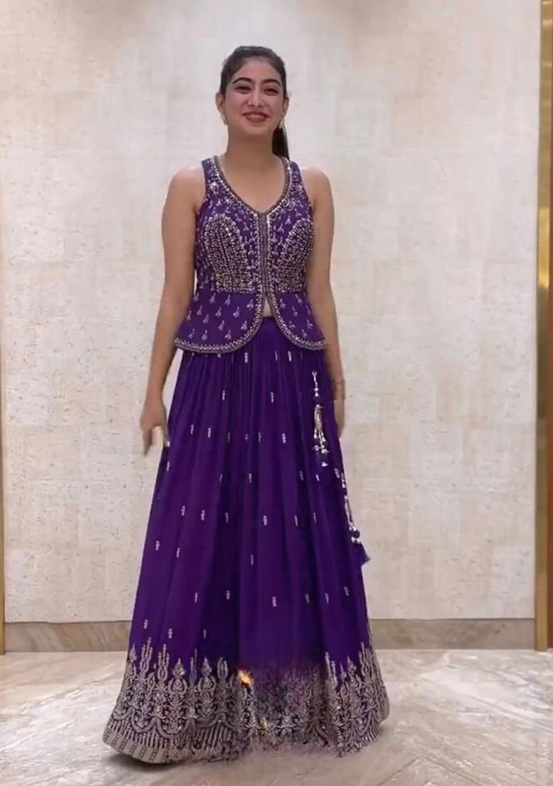 Purple Embroidered Georgette Lehenga Choli Set