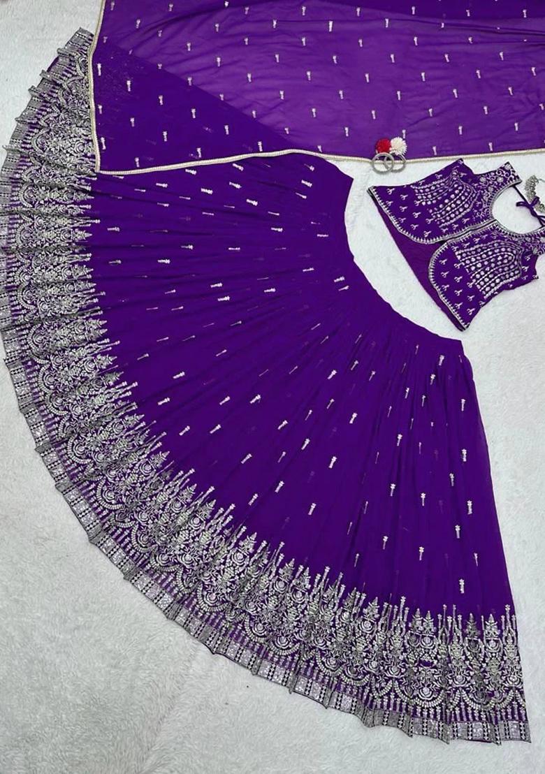 Purple Embroidered Georgette Lehenga Choli Set