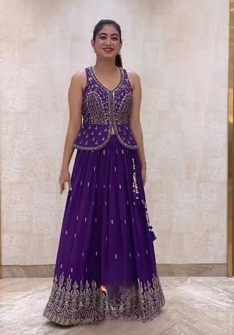 Purple Embroidered Georgette Lehenga Choli Set
