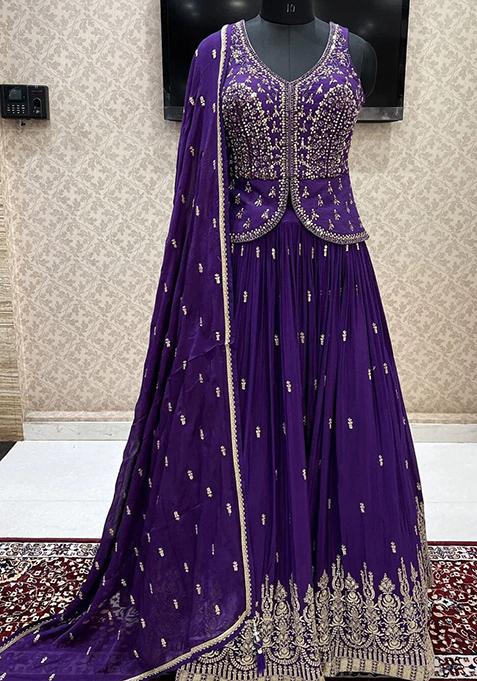 Purple Embroidered Georgette Lehenga Choli Set