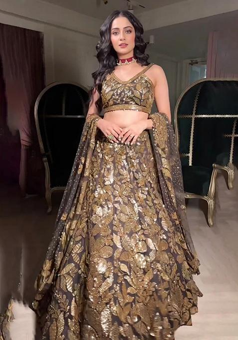Golden Embroidered Georgette Lehenga Choli Set