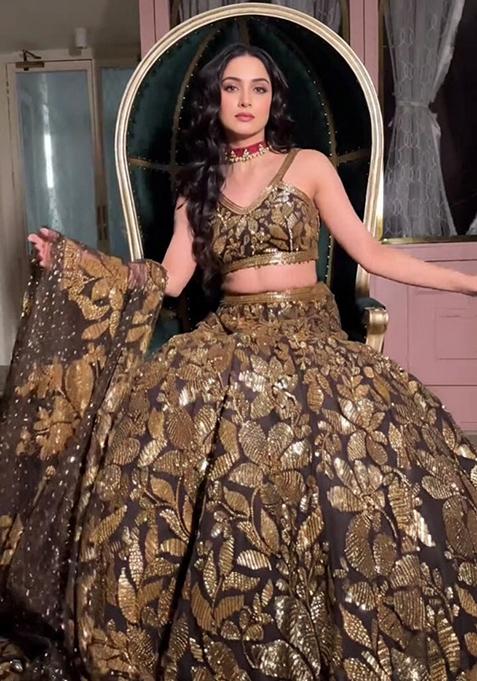 Golden Embroidered Georgette Lehenga Choli Set