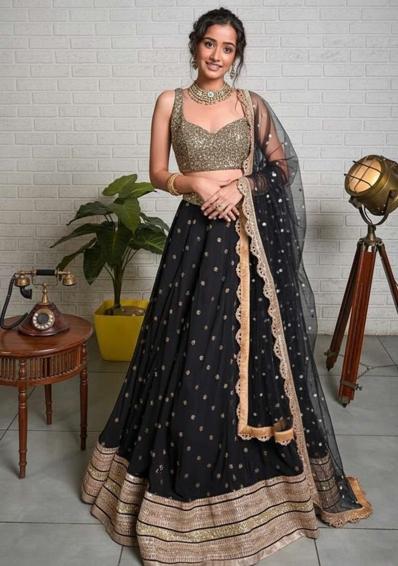 Black Georgette Lehenga Choli Set with Embroidered for Diwali | Wedding & Festive Wear - Indya
