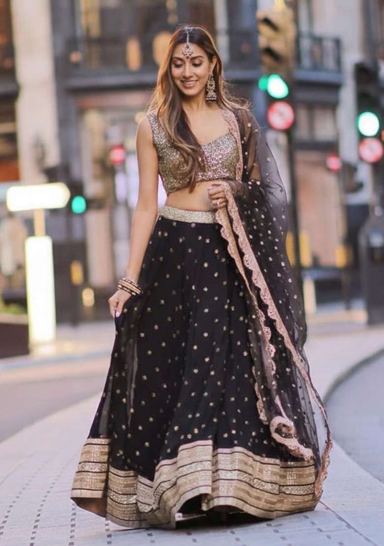 Black Georgette Lehenga Choli Set with Embroidered for Diwali | Wedding & Festive Wear - Indya