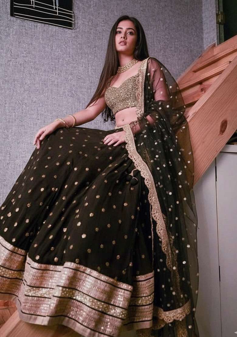 Black Georgette Lehenga Choli Set with Embroidered for Diwali | Wedding & Festive Wear - Indya