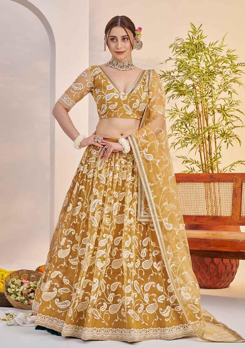 Golden Embroidered Net Lehenga Set - Indya