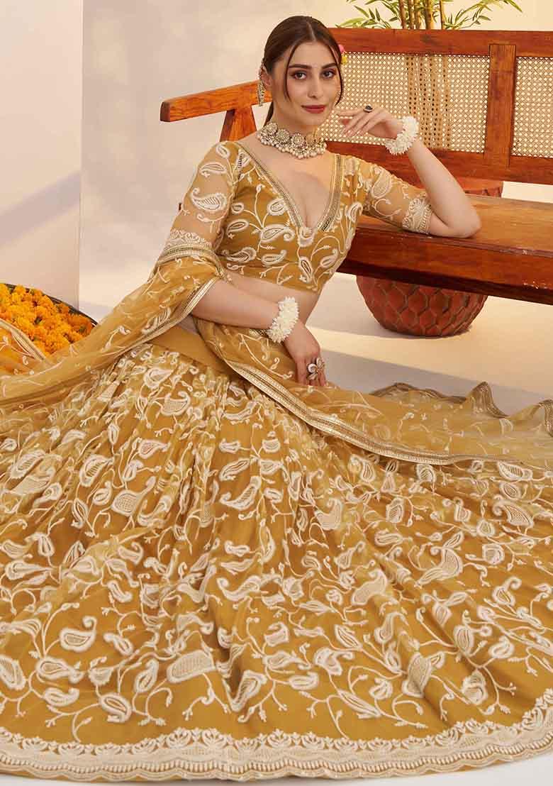 Golden Embroidered Net Lehenga Set - Indya