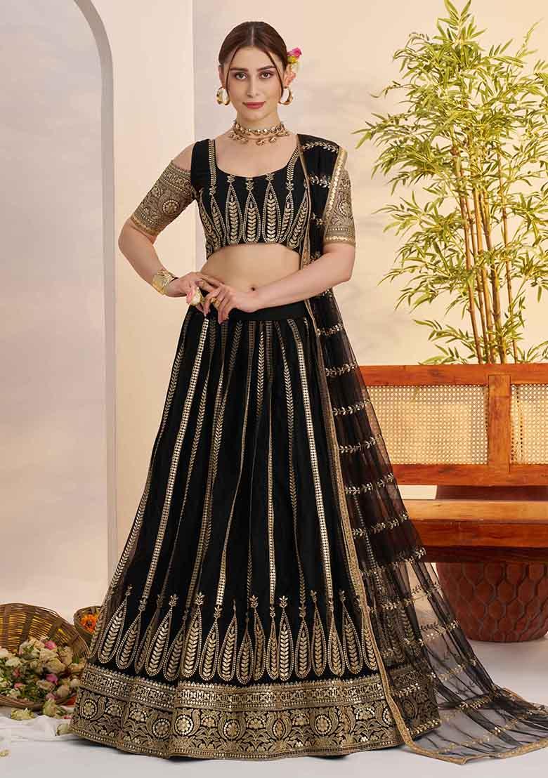 Black Embroidered Net Lehenga Set - Indya
