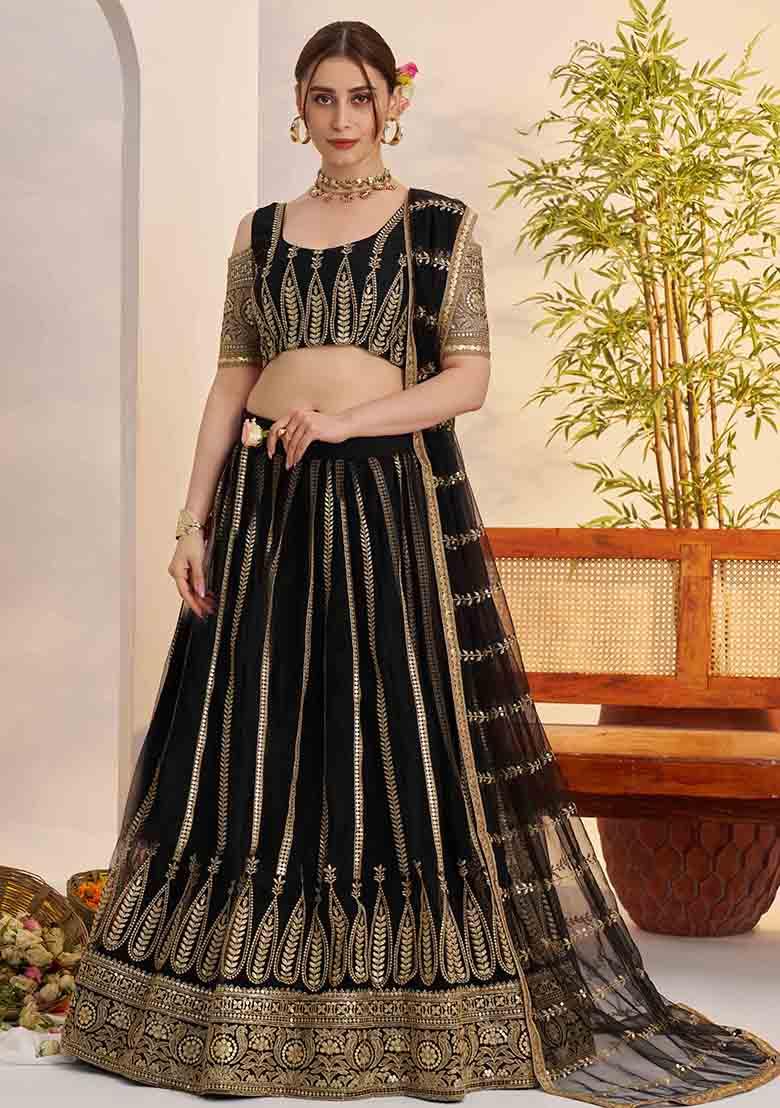 Black Embroidered Net Lehenga Set - Indya