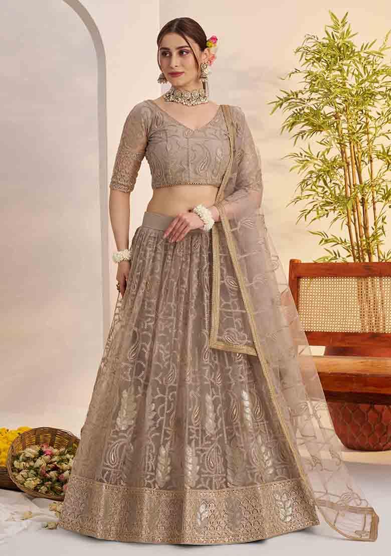 Grey Embroidered Net Lehenga Set - Indya