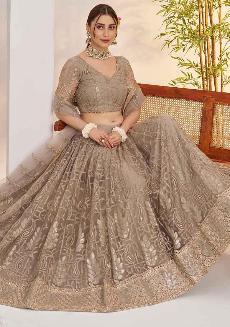 Grey Embroidered Net Lehenga Set - Indya