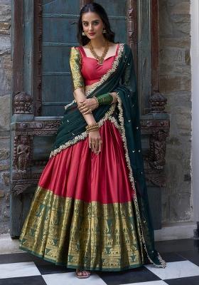 Red Embroidered Narayan Pattu Lehenga Choli