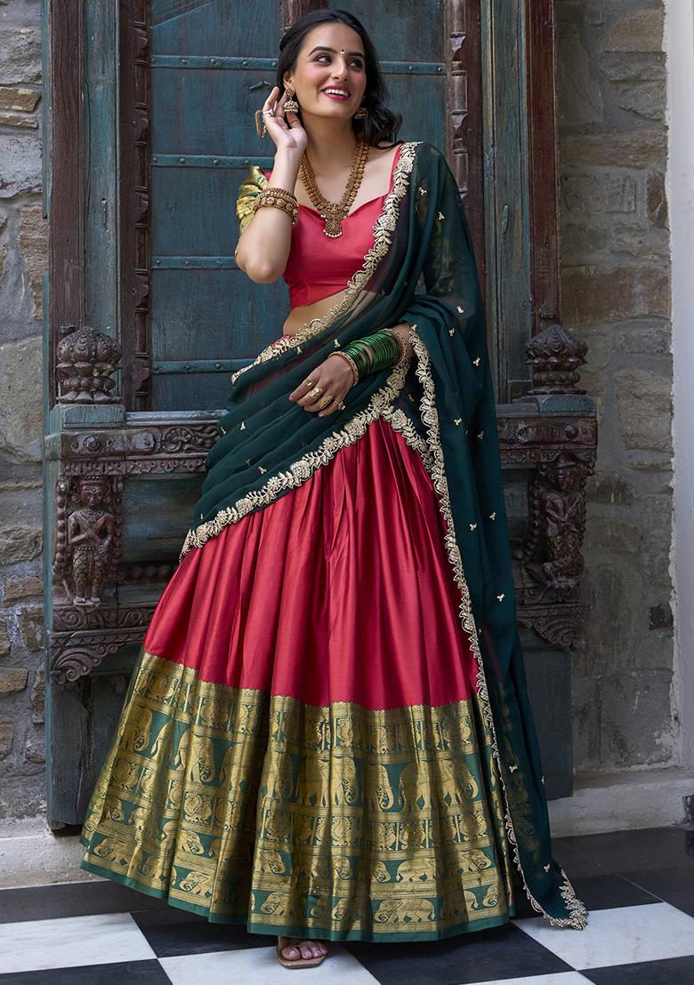 Red Embroidered Narayan Pattu Lehenga Choli - Indya