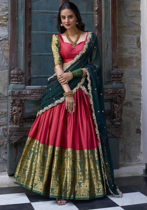 Red Embroidered Narayan Pattu Lehenga Choli