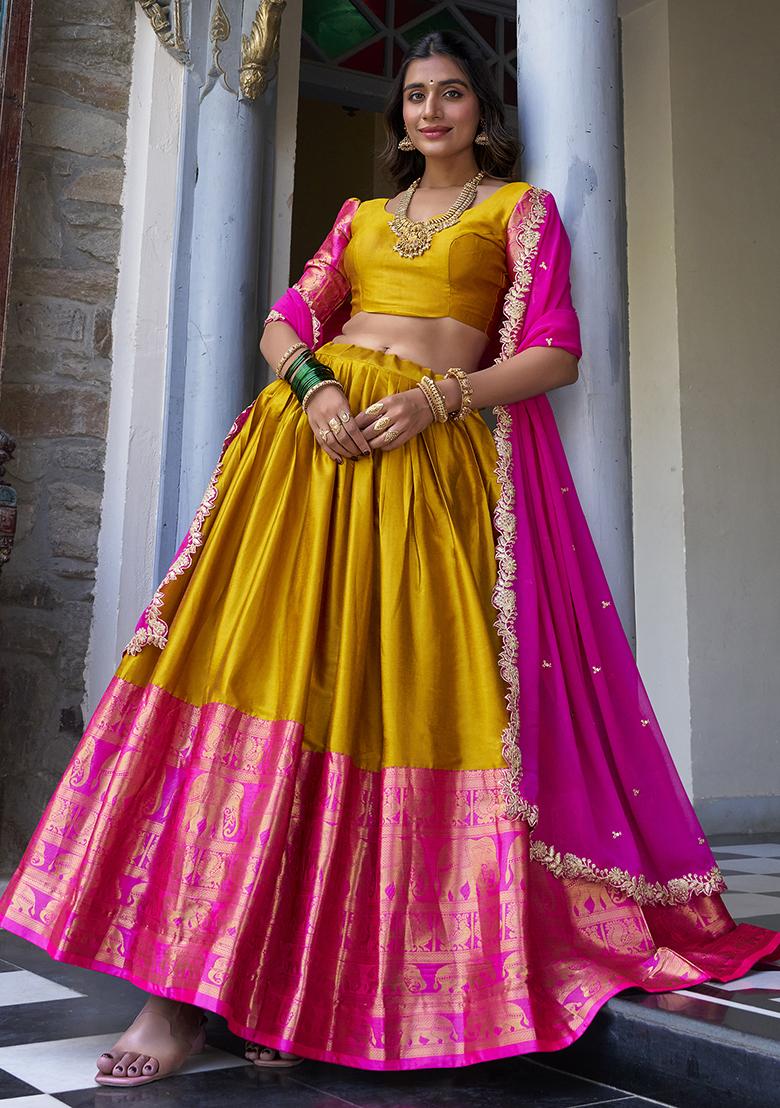 Mustard Embroidered Narayan Pattu Lehenga Choli