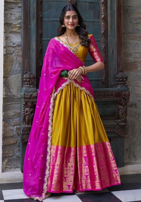 Mustard Embroidered Narayan Pattu Lehenga Choli