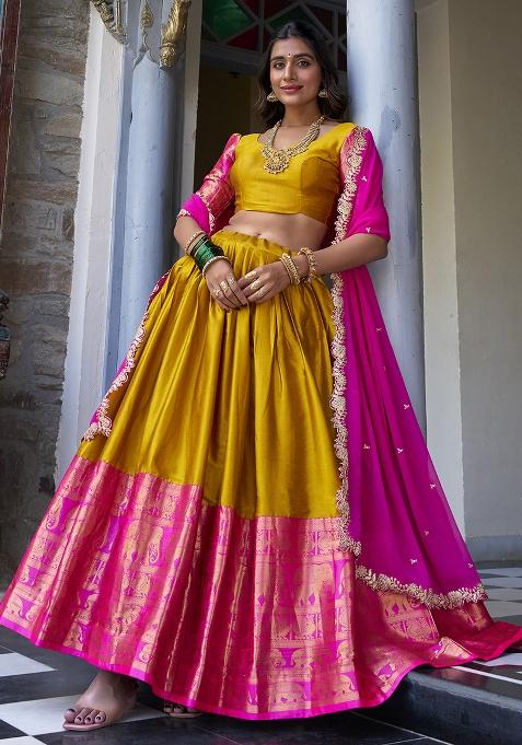 Mustard Embroidered Narayan Pattu Lehenga Choli