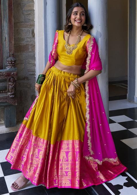 Mustard Embroidered Narayan Pattu Lehenga Choli