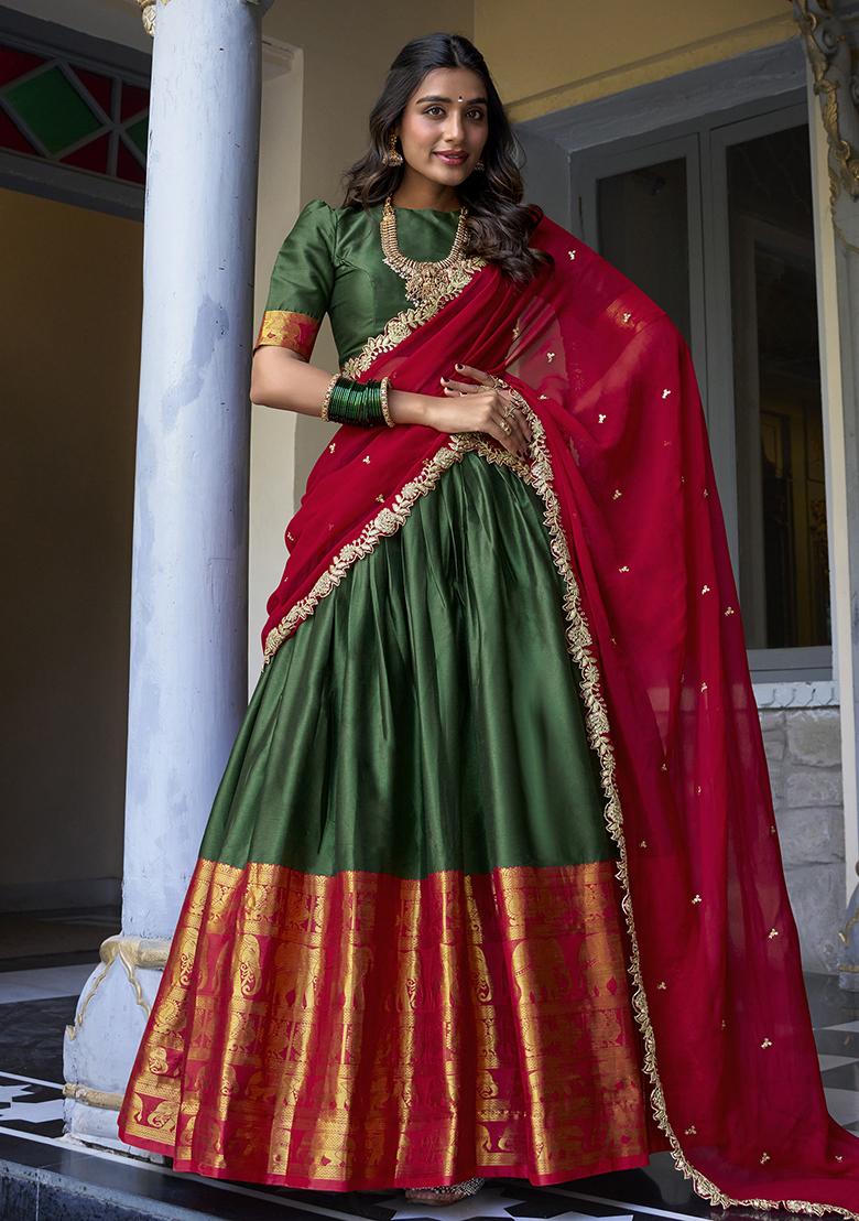 Green Embroidered Narayan Pattu Lehenga Choli - Indya