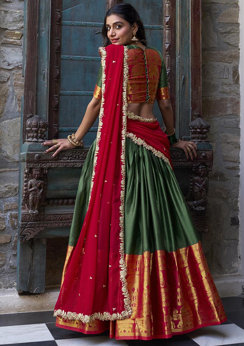 Green Embroidered Narayan Pattu Lehenga Choli - Indya