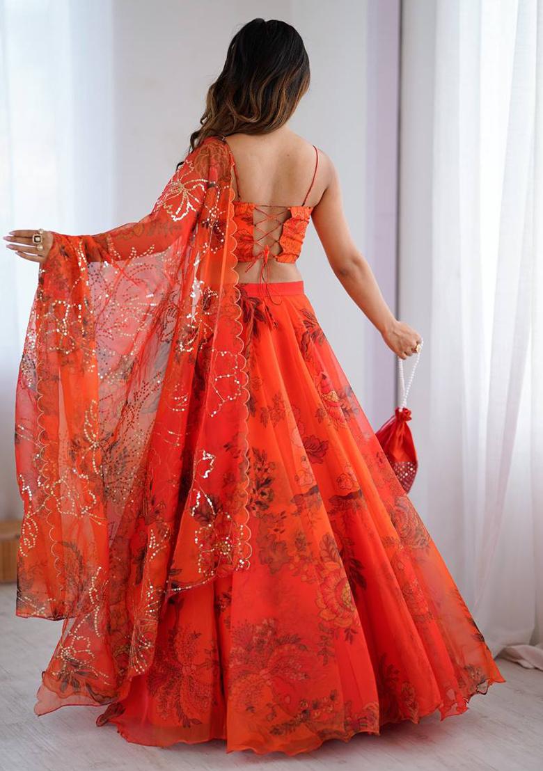 Orange Embroidered Oraganza Lehenga Choli