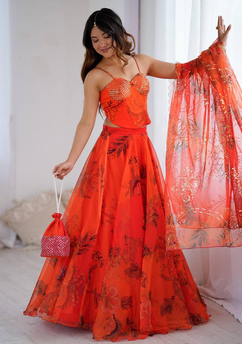 Orange Embroidered Oraganza Lehenga Choli - Indya