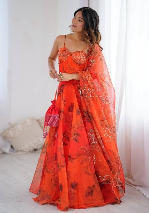 Orange Embroidered Oraganza Lehenga Choli