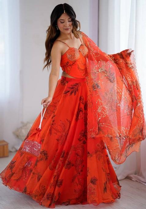 Orange Embroidered Oraganza Lehenga Choli